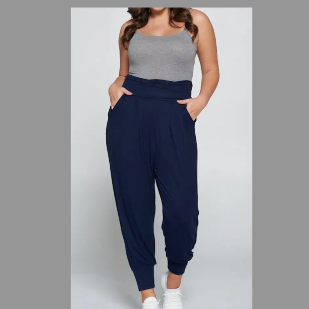 Banded Waist Harem Joggers Navy Blue Plus Boho